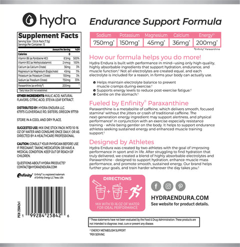 Supplement label for Hydra Endurance Support Formula with supplement facts, ingredients, and directions.