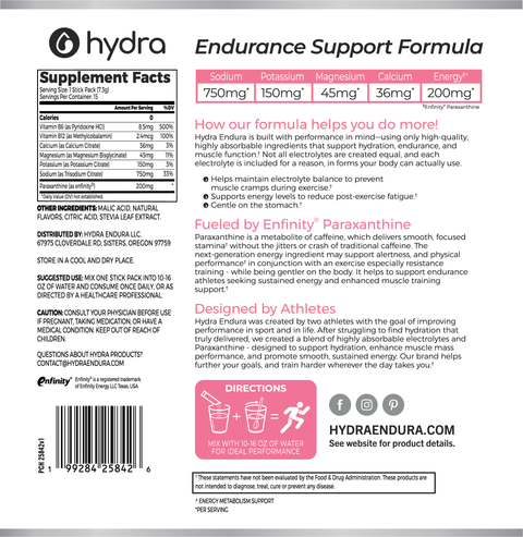 Supplement label for Hydra Endurance Support Formula with supplement facts, ingredients, and directions.