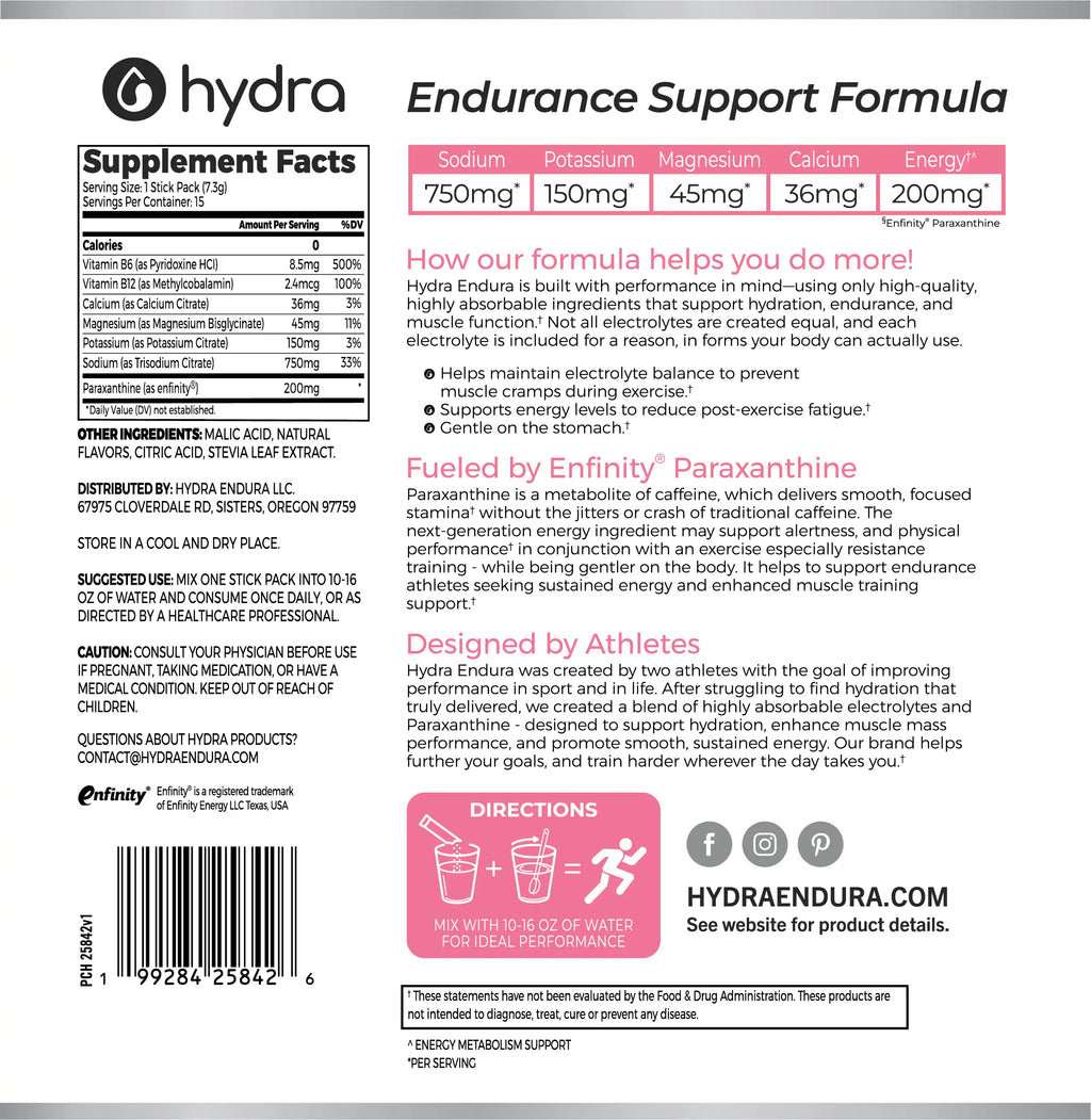 Supplement label for Hydra Endurance Support Formula with supplement facts, ingredients, and directions.